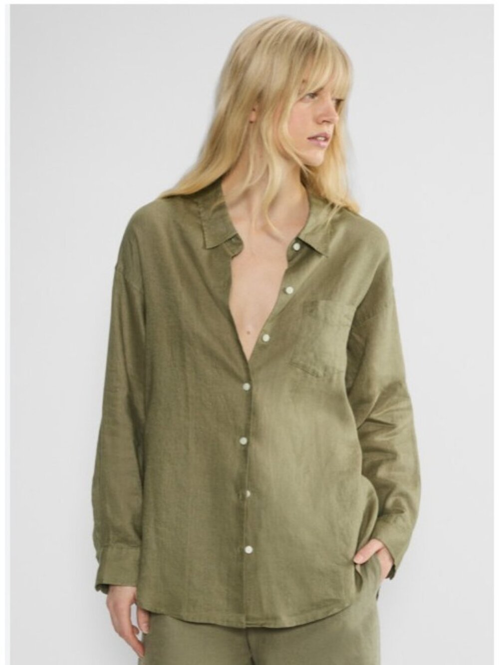 Aritzia Wilfred Reminisce Relaxed Linen Shirt Womens XL Green Long Sleeve